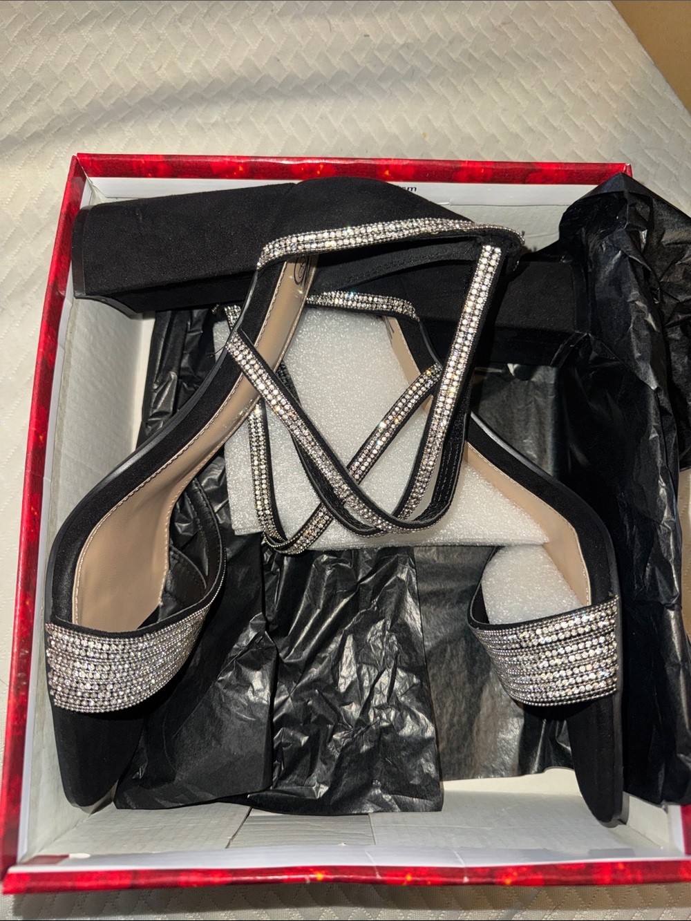 Black Rhinestone Strappy Block Heel Sandals with Cross Ankle Straps